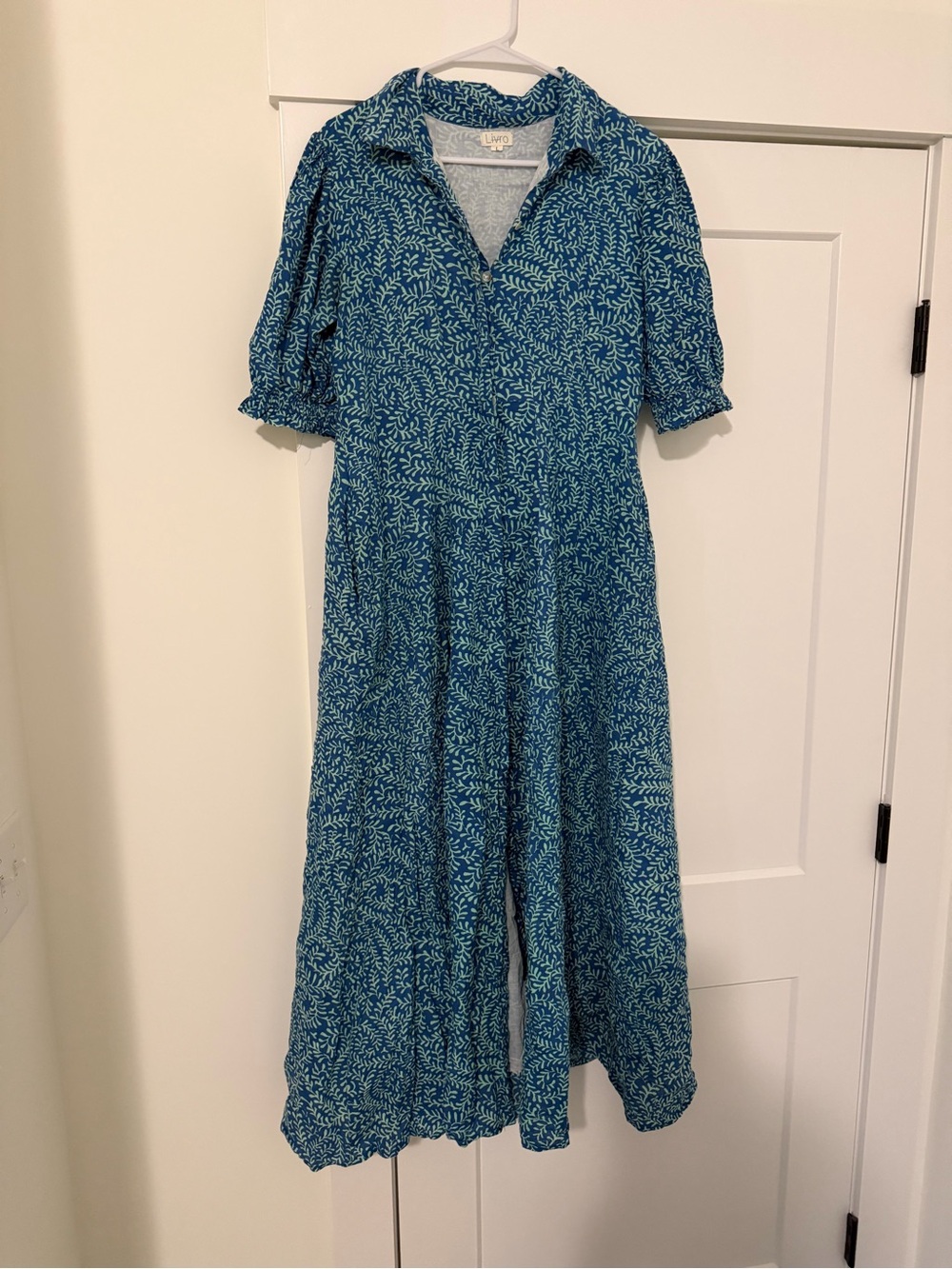 Blue Printed Split-Leg Jumpsuit with Collared V-Neck